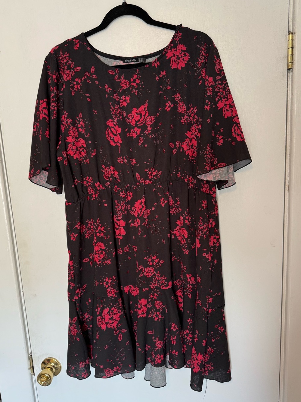Boohoo Black Dress with Red Floral Print